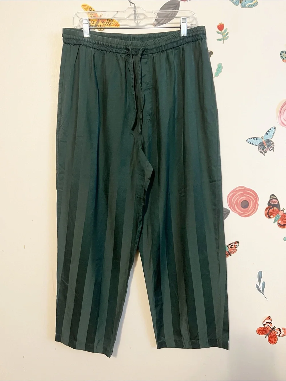 Men's Silk Blend Dark Green Stripe Drawstring Pajama Pants L